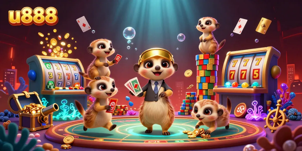 u888 meerkats managing a bustling casino amidst colorful gems and treasure in an underwater setting.