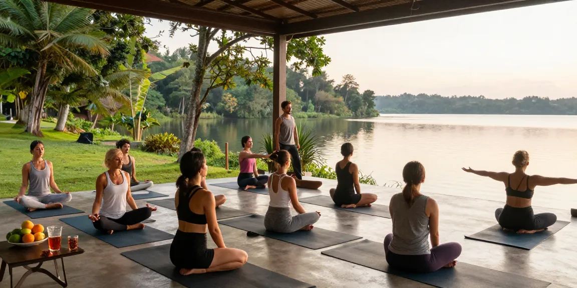 Yoga teacher training Sri Lanka with students practicing lakeside at sunset