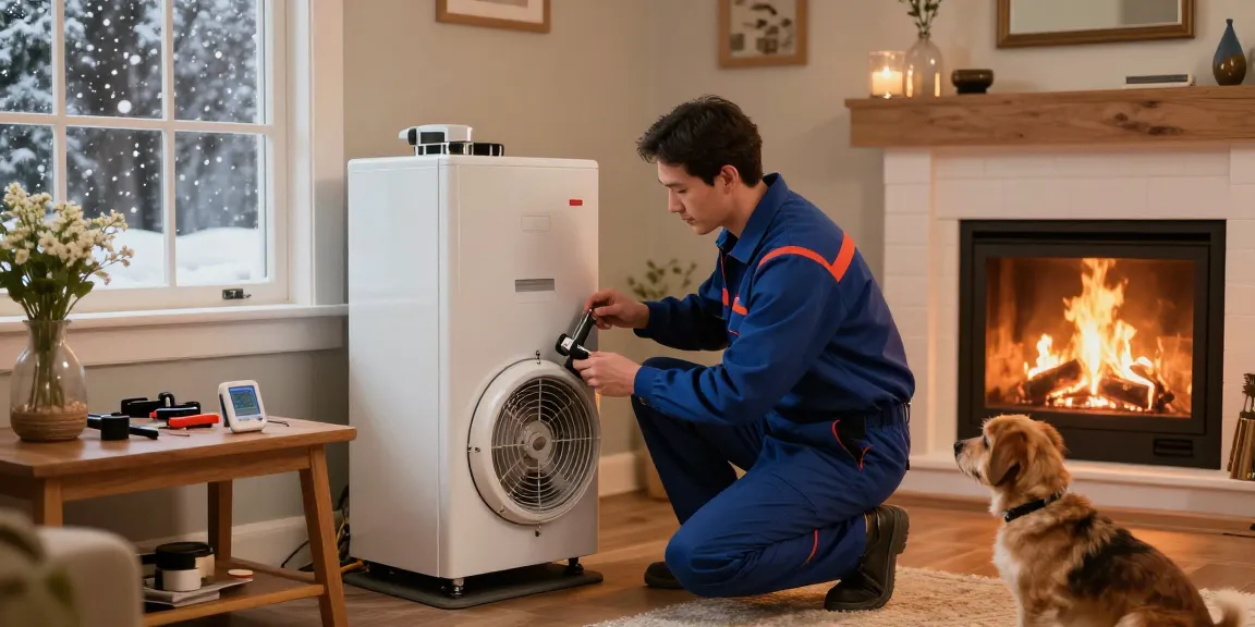 Professional technician providing Furnace Repair service in warm home atmosphere with family pet.