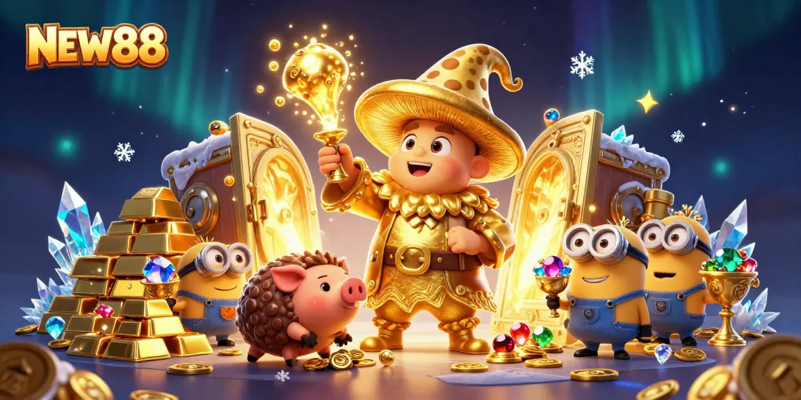 Experience thrilling gameplay with NEW88 in this vibrant 3D illustration of a magical treasure hunt.