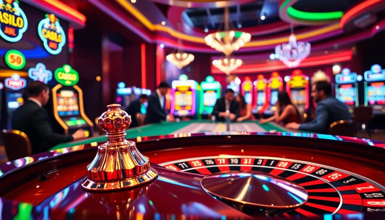 Players enjoying games at an Online casino Uk with an elegant roulette table and vibrant atmosphere.
