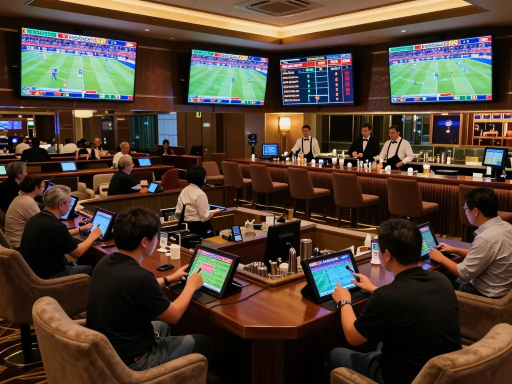 Visitors engaging in online betting on keonhacaii88 while enjoying a vibrant sports betting lounge atmosphere.