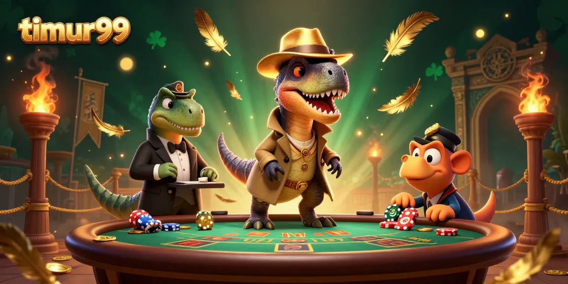 Experience thrilling gaming action with timur99 at a blackjack table featuring a clever velociraptor and dinosaur pit boss.