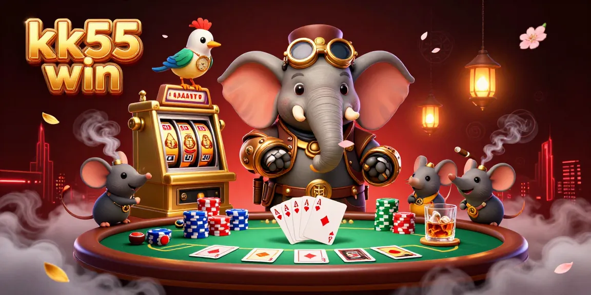 Spin the golden slot machine with kk55 win while enjoying poker on a vibrant gaming table.