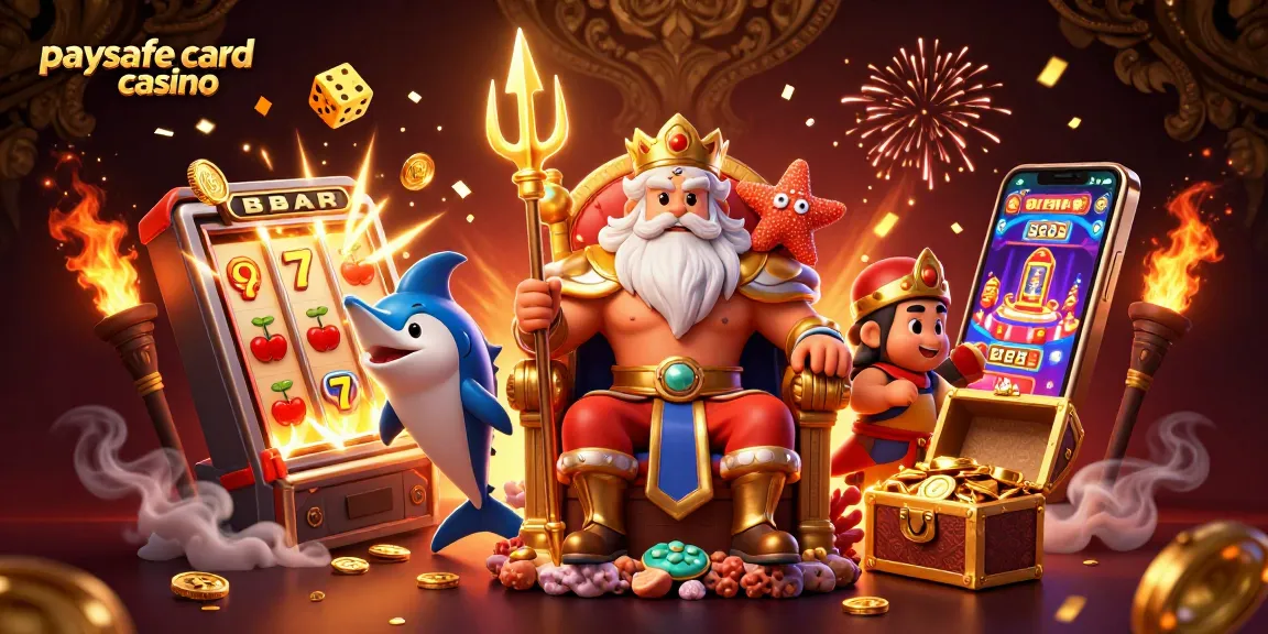 Illustration eines Paysafe Card Casinos mit Neptun und einem Spielautomaten, der vor Münzen überquillt.