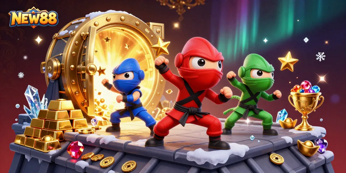 Experience the excitement of NEW88 with ninja chameleons in an action-packed casino treasure scene.