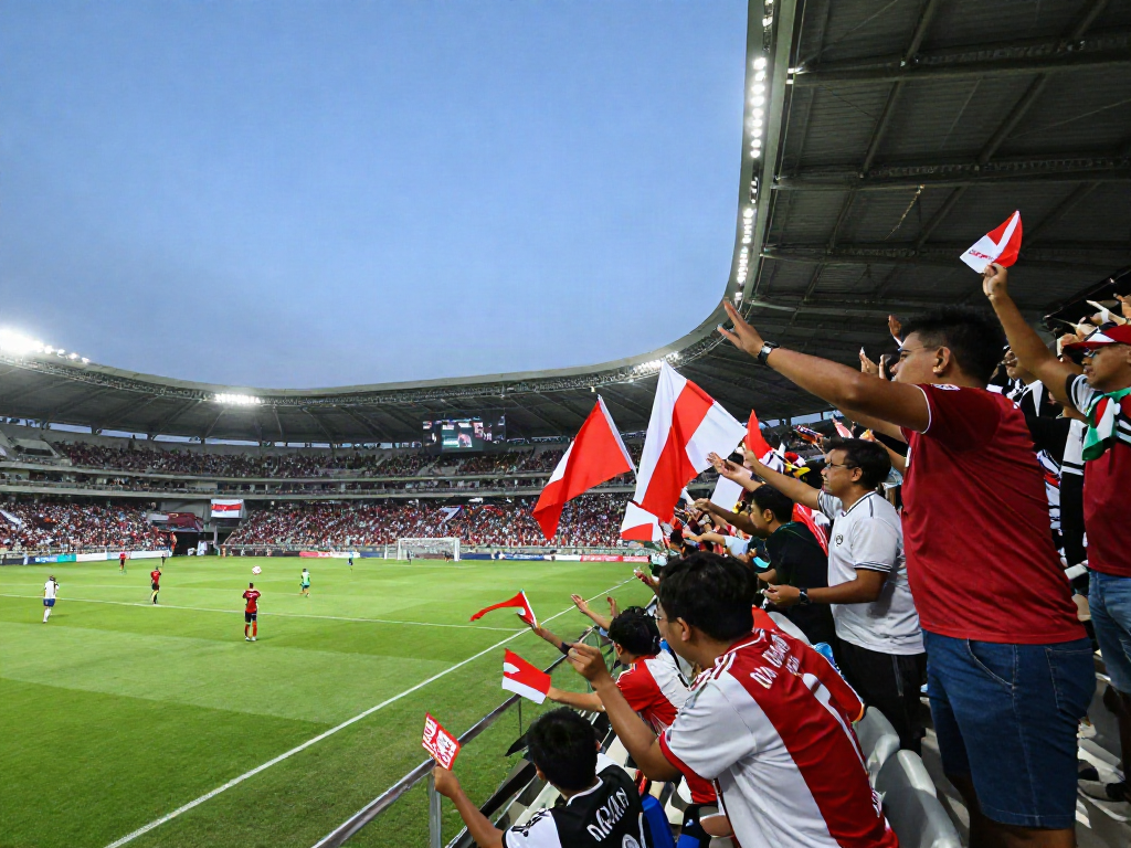 Menonton timnas dengan semangat tinggi di stadion, suasana meriah dan penuh warna.