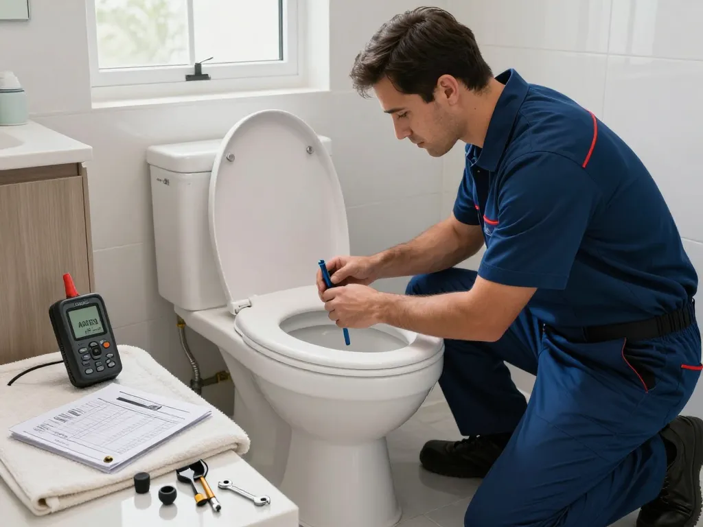 Apex Plumbing Services customer support providing expert toilet repair solutions in a modern bathroom scene.