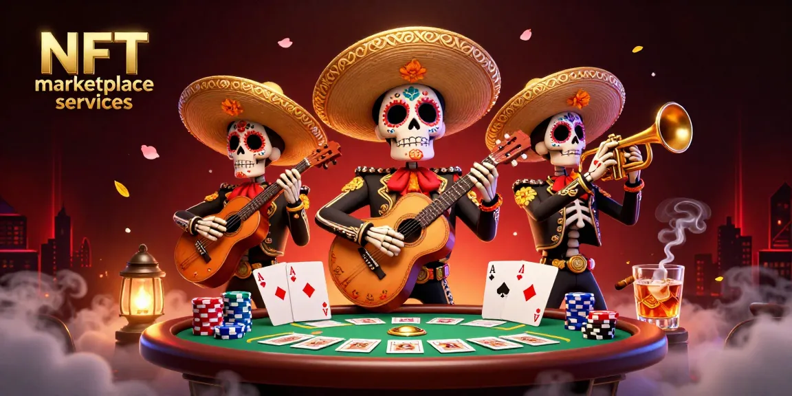 Engage with NFT marketplace services through vibrant characters and dynamic casino elements.