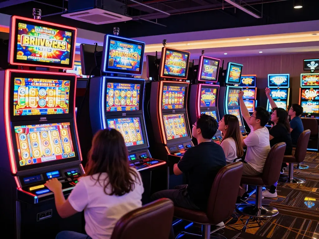 Players celebrating wins at slot machines in a lively casino environment.