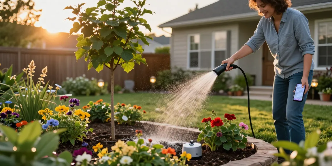 Homeowner using a rainpoint water timer in a flourishing garden.