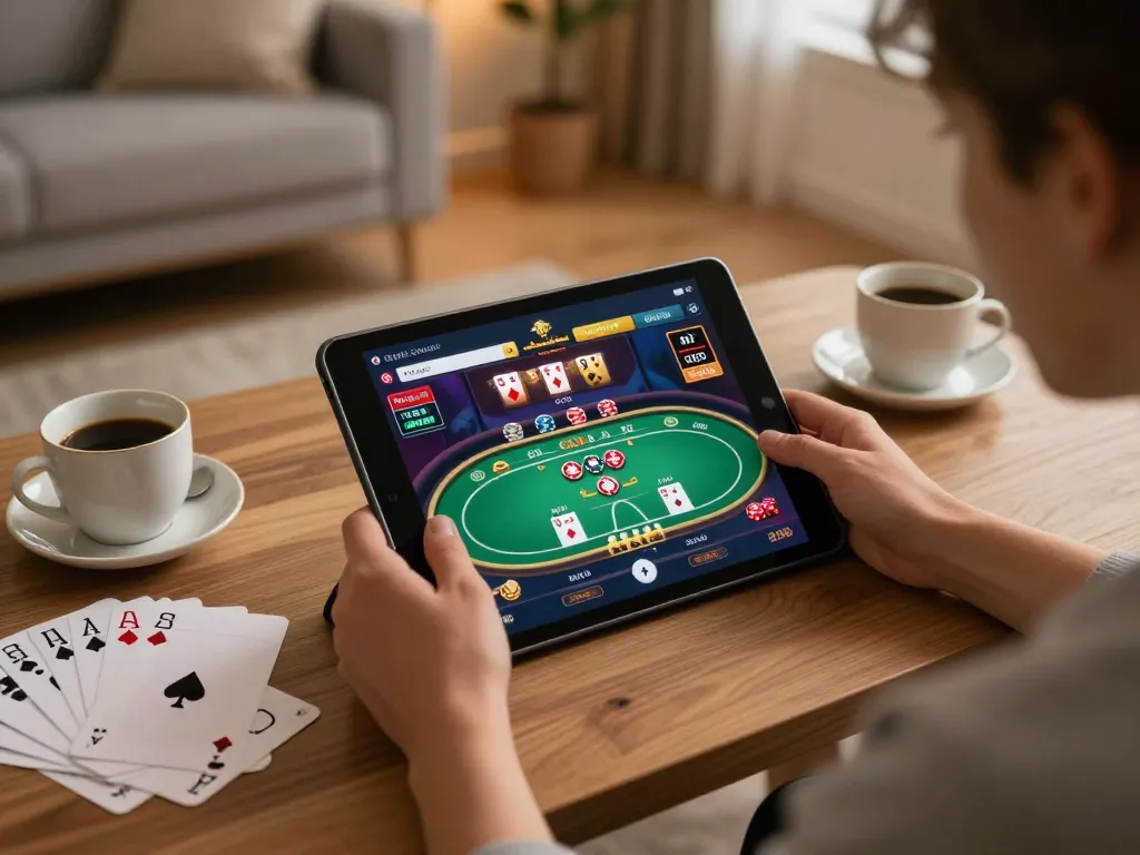 Player enjoying white label casino experience on tablet at home, highlighting casual online gaming.