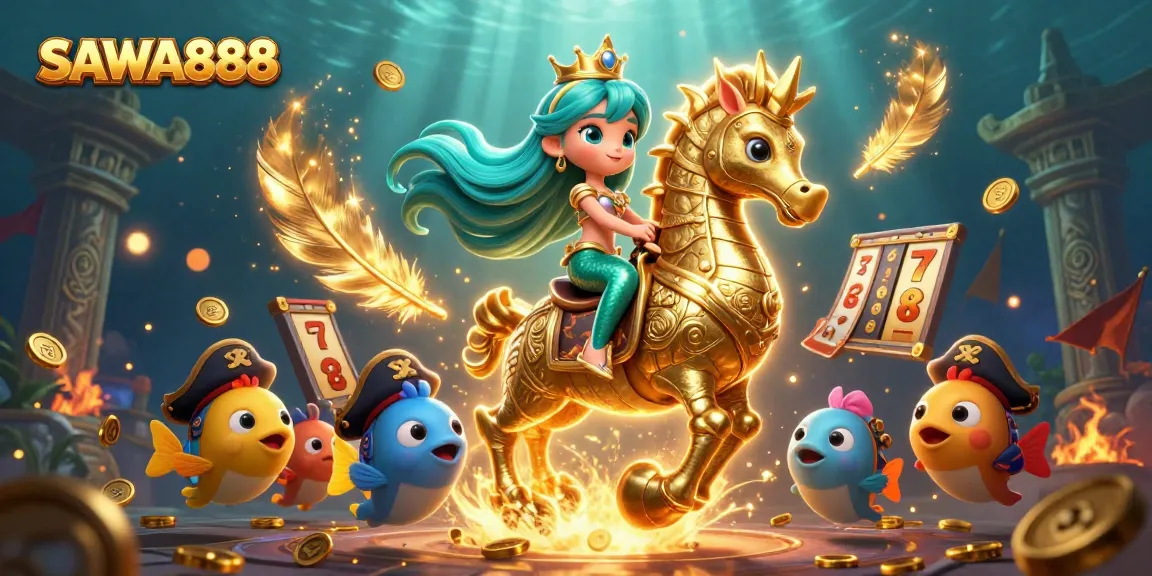 Engage with SAWA888's vibrant gaming experience featuring a mermaid princess and seahorse amidst exciting slot symbols.