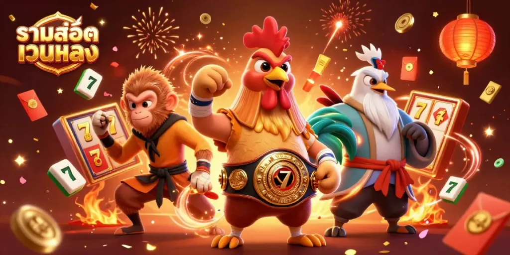 Engaging illustration featuring fierce characters with slots and dazzling casino elements, promoting รวมสล็อตเว็บตรง for gambling enthusiasts.