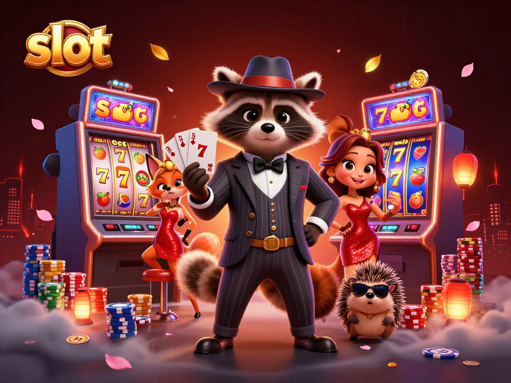 Spin the slot reels with the suave raccoon and fox lady in a vibrant casino scene