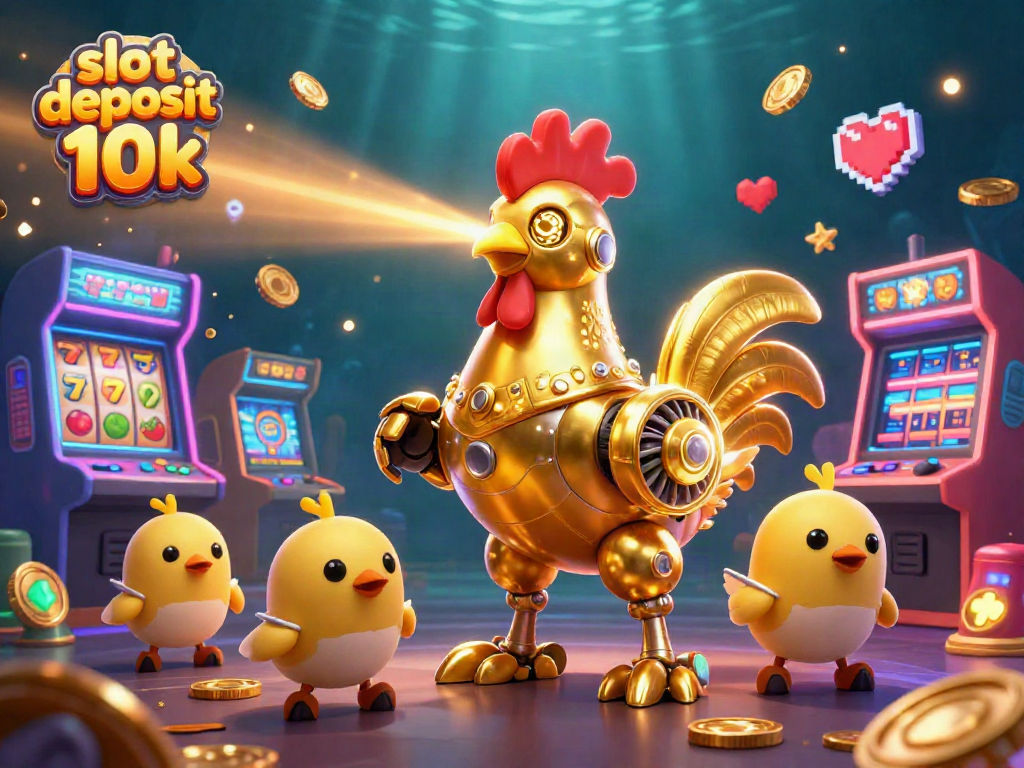 Engage with the slot deposit 10k scene featuring vibrant slot reels and a golden rooster robot in 3D.