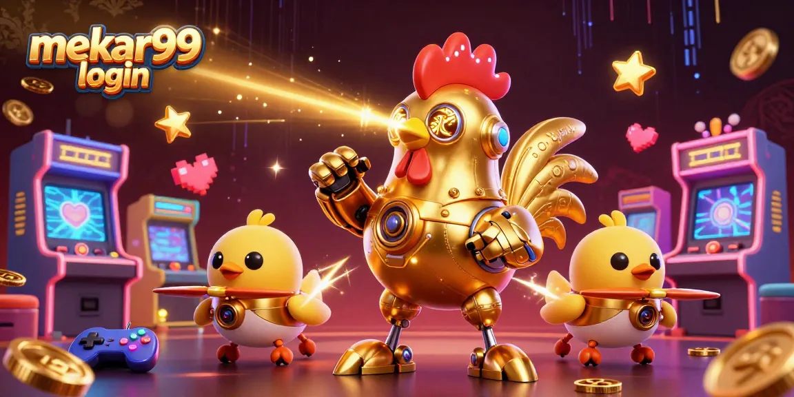 Mekar99 login captures gamers with a vibrant 3D casino scene featuring charming retro-futuristic characters.