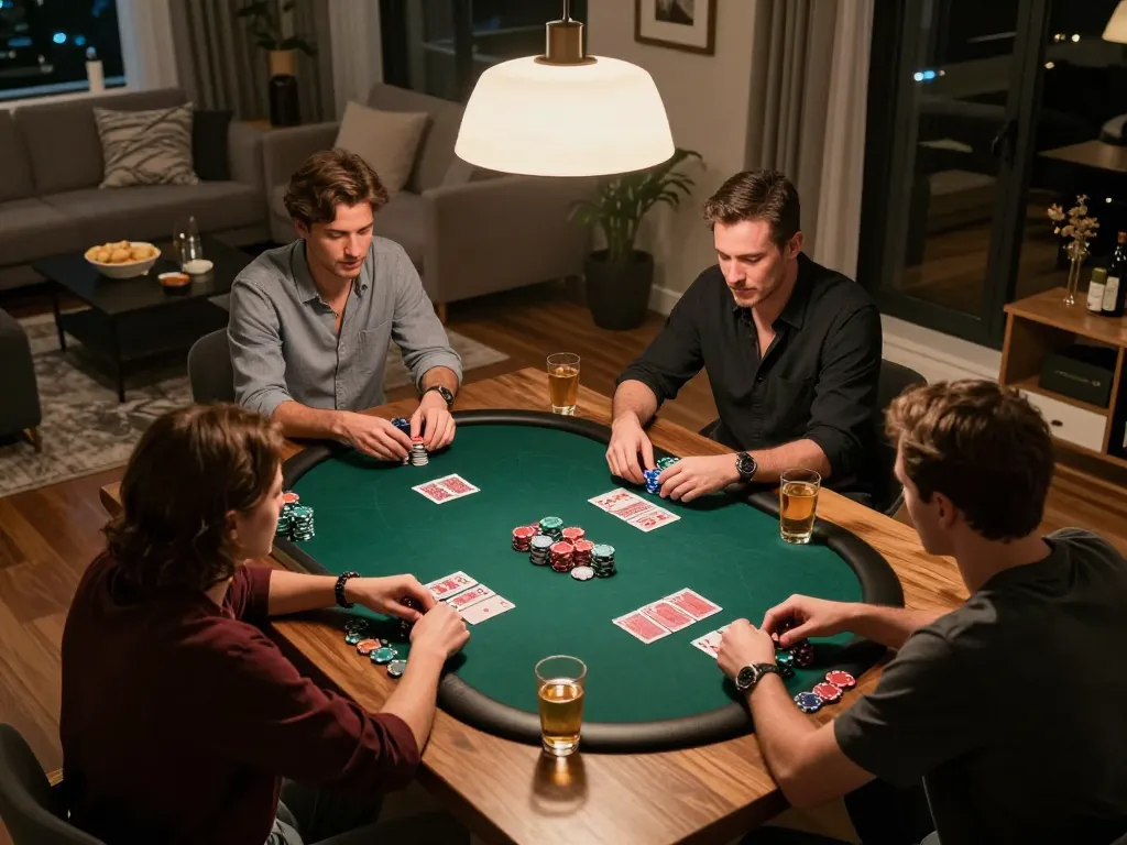 LLwin players strategizing in a cozy home poker night, showcasing vibrant gameplay