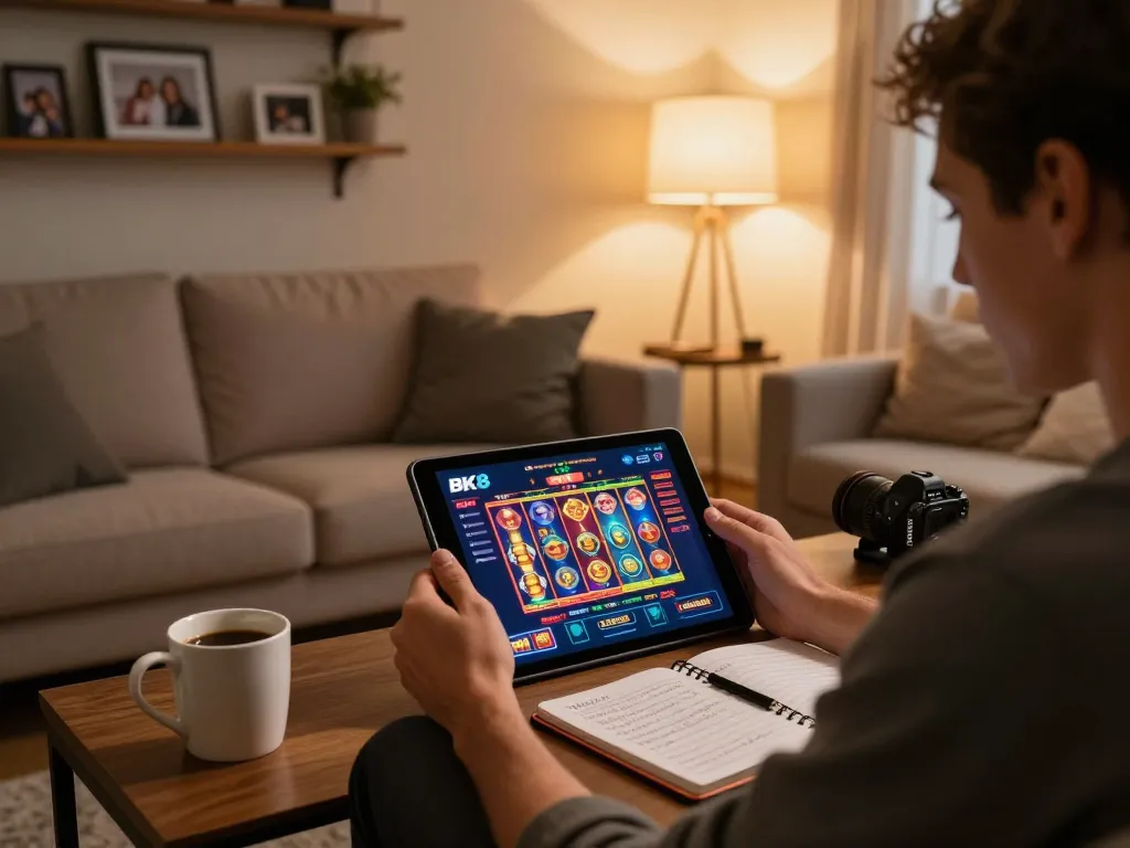 Player enjoying BK8 slot games on a tablet in a cozy modern living room with strategic notes.