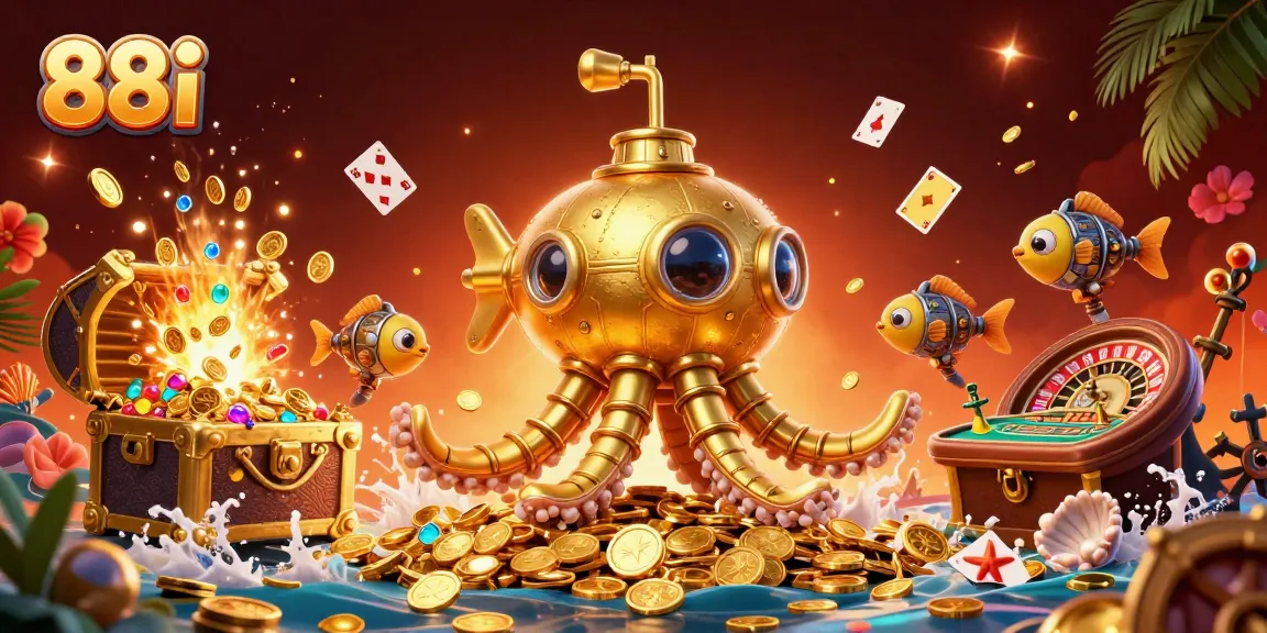 Experience thrilling gaming at 88i with our golden kraken submarine surrounded by casino symbols.