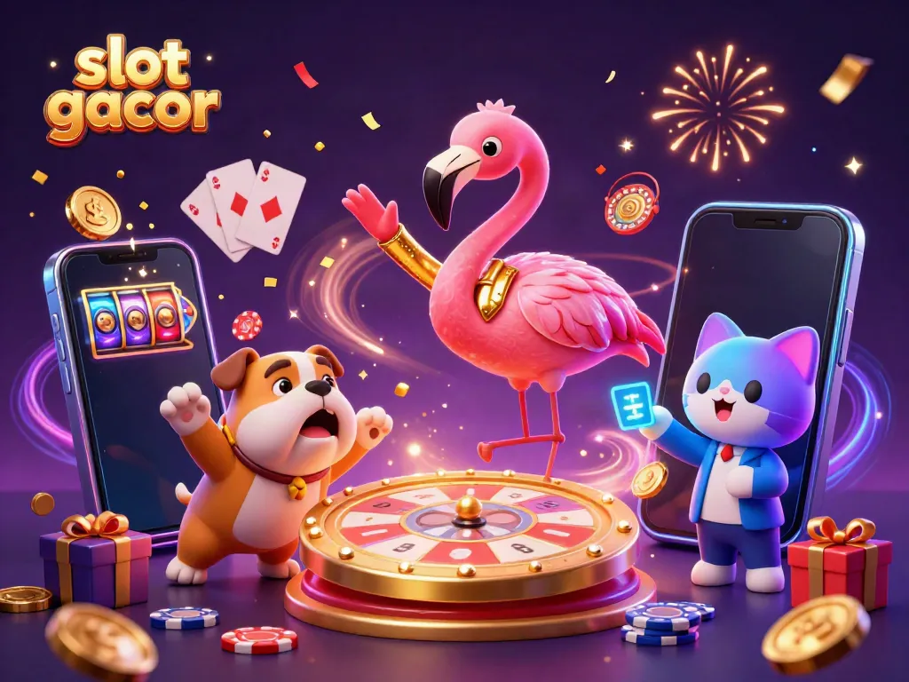 Permainan slot gacor dengan presentasi menarik memperlihatkan flamingo sebagai host acara, bulldog peserta yang ceria, dan kucing yang mengungkapkan hadiah.