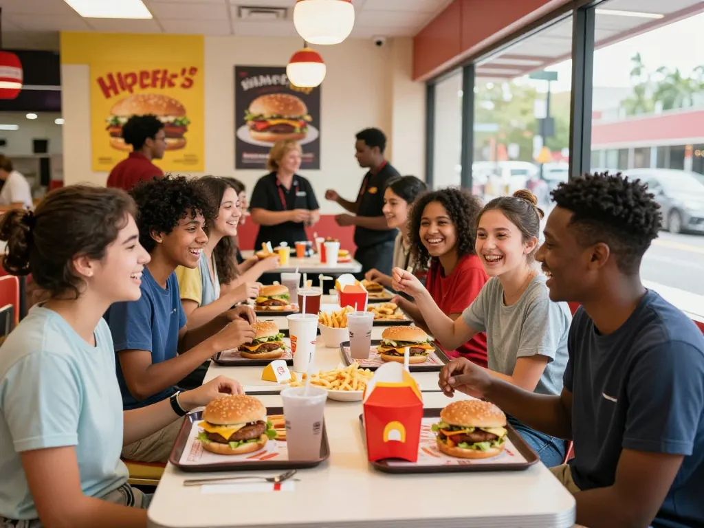 Enjoying a fast food menu with friends at a lively restaurant lunch.