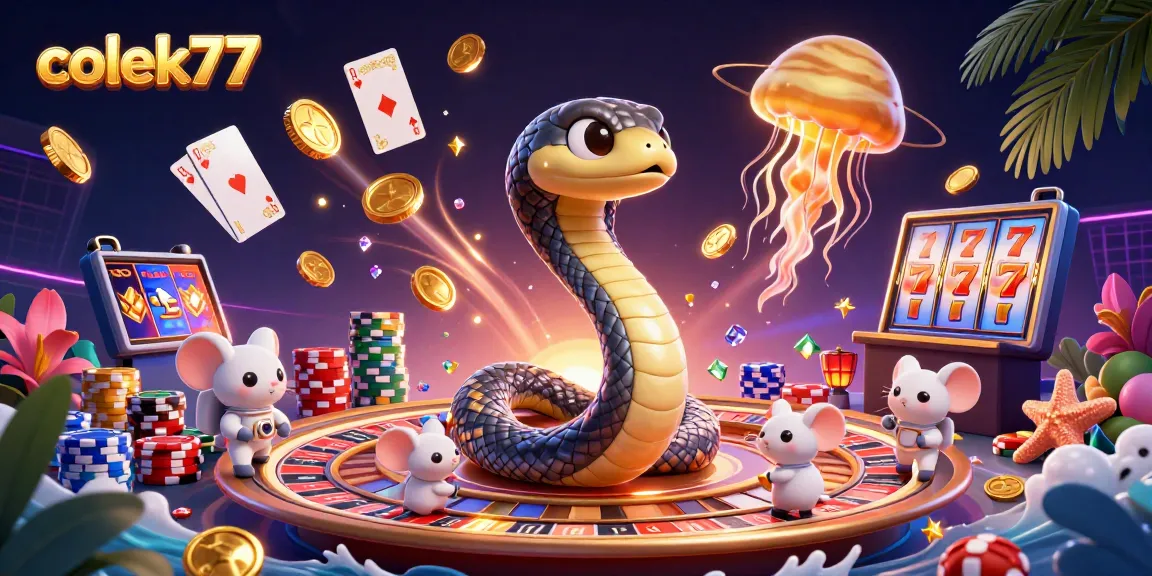 Experience thrilling gameplay at colek77 with a vibrant 3D casino scene featuring a roulette wheel and playful elements.