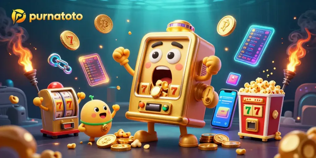 Purnatoto menghadirkan mesin slot emas yang bersorak saat melawan jackpot, dengan simbol dan koin mengelilinginya.