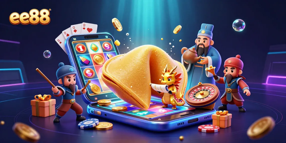 Experience the thrill of ee88 with an illustrated scene of fortune cookies and gaming excitement.