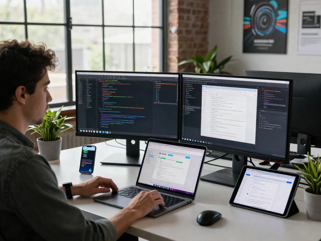 Developer coding on dual monitors in a vibrant workspace setting showcasing bro138 technology.