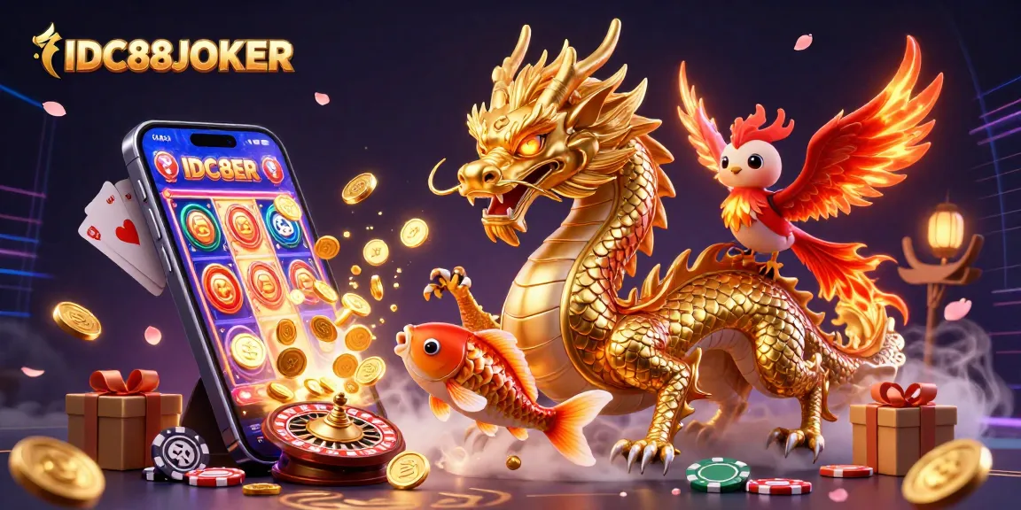 Experience thrilling jackpots with IDC88JOKER as golden coins explode from a vibrant gaming world filled with dynamic characters.
