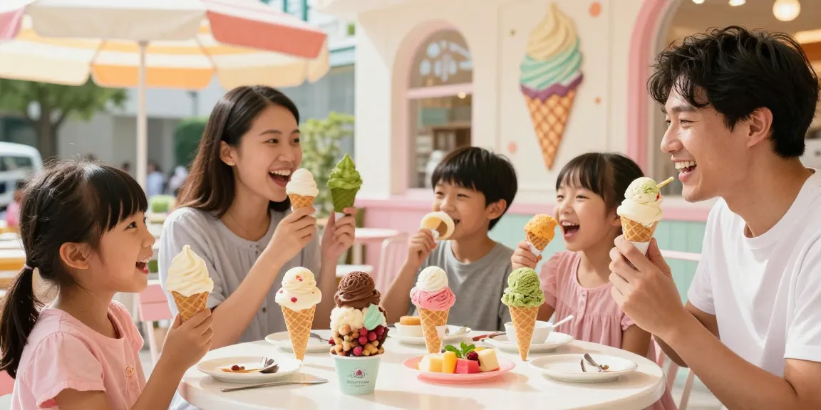 Family enjoying rokok88 rtp ice cream scoops in a vibrant parlor with colorful flavors and joyful smiles.