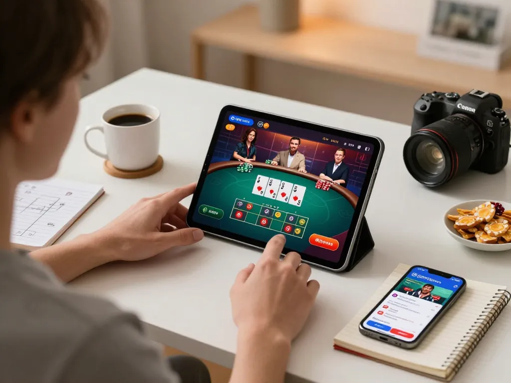 Player enjoying 68gamebaivn live casino on tablet with responsible gaming setup.