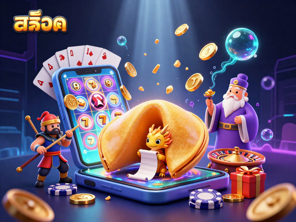 Engage in สล็อต action with a vivid 3D visualization featuring a golden fortune cookie and dynamic casino elements.