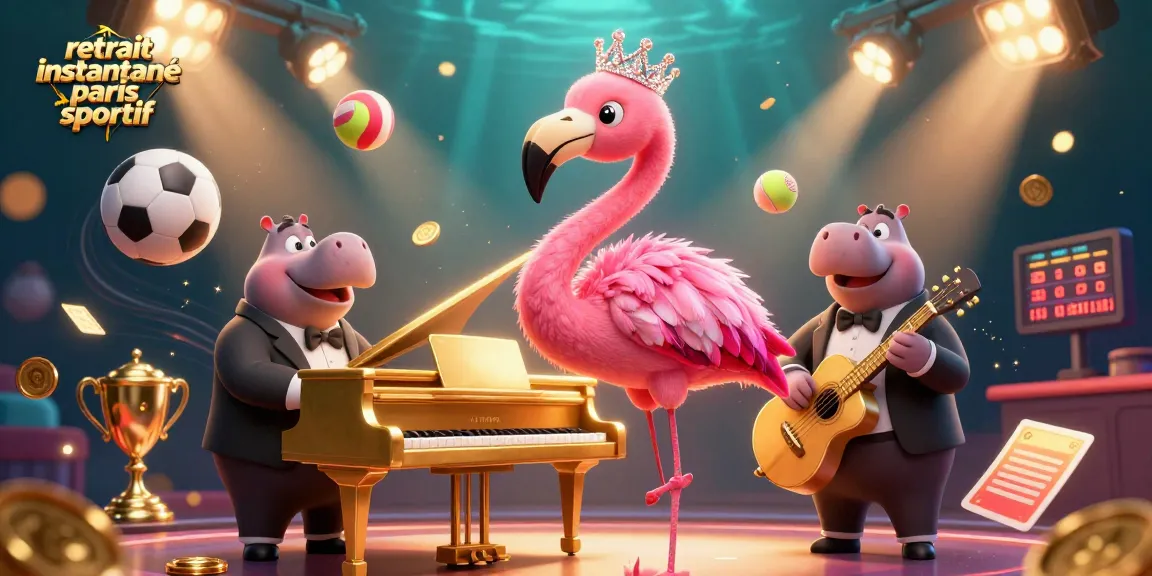 Retrait instantané paris sportif avec des personnages animés dans un environnement de casino coloré.