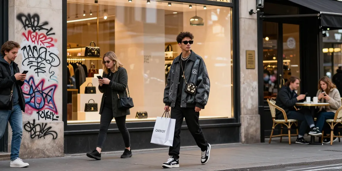 Stylish individual in a 레플리카 outfit walking in an urban setting, showcasing modern fashion.