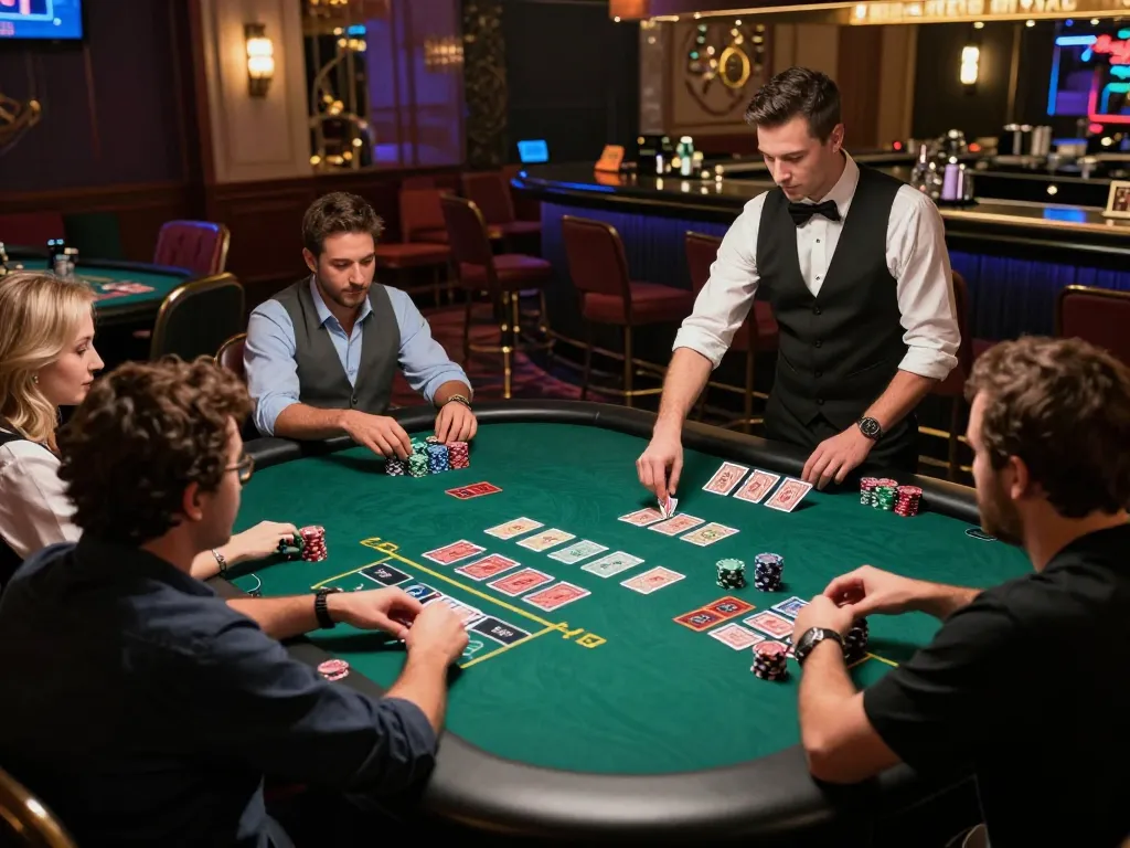 Ligalexus players engaged in strategic blackjack gameplay at an upscale casino, betting excitement evident