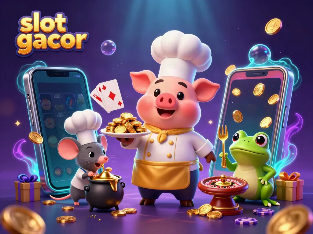 Experience the thrill of slot gacor in a vibrant casino scene with charming characters.