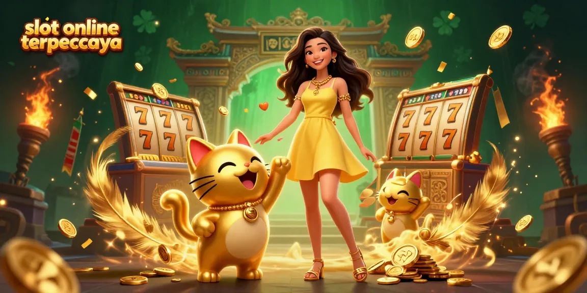 Experience gaming excitement at slot online terpercaya with vibrant scenes and a lucky cat mascot.
