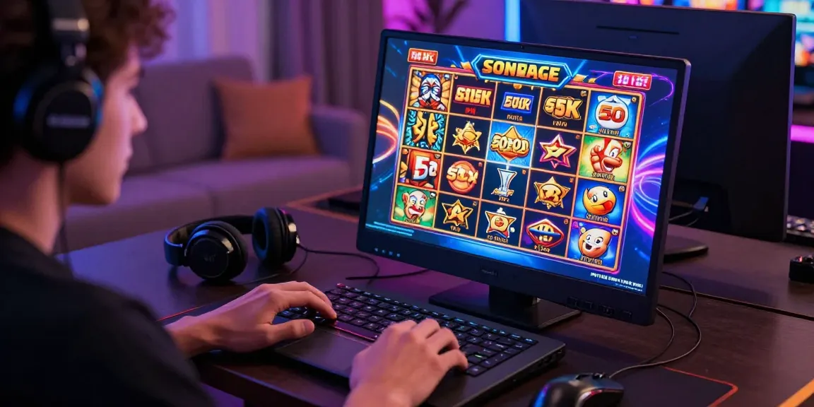 Player immersed in slot modal 5k gaming experience on laptop with vibrant graphics in a lively atmosphere.
