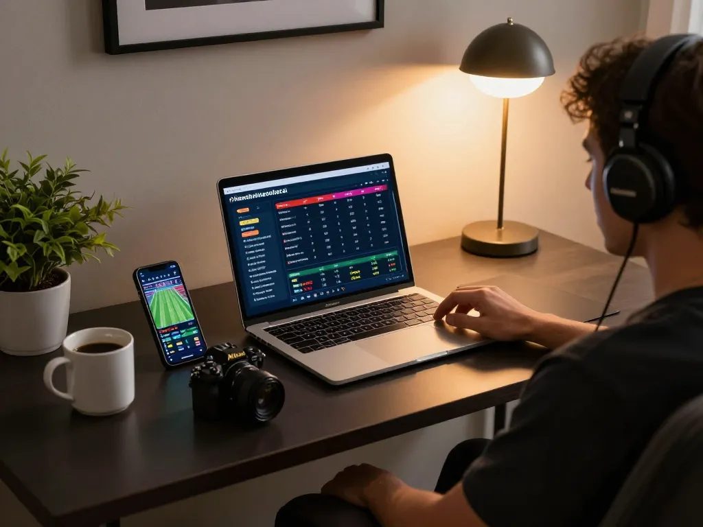 Engaged gambler using nhandinhkeonhacai's platform for strategic betting analysis during an online game.