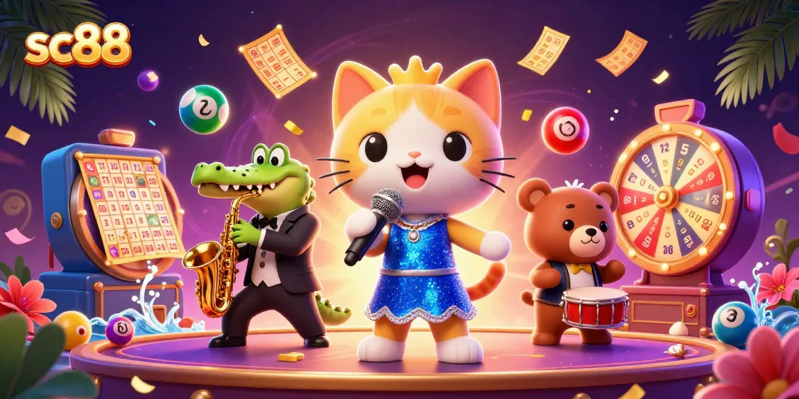 sc88 brings excitement with a vibrant casino scene featuring a jazz-singer cat and colorful lottery elements.