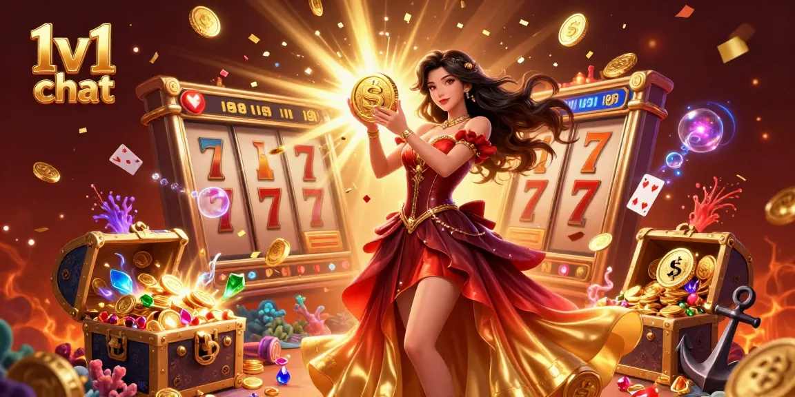 Engage with exciting 1v1 chat sessions surrounded by dynamic casino-themed elements like slot reels and golden coins.