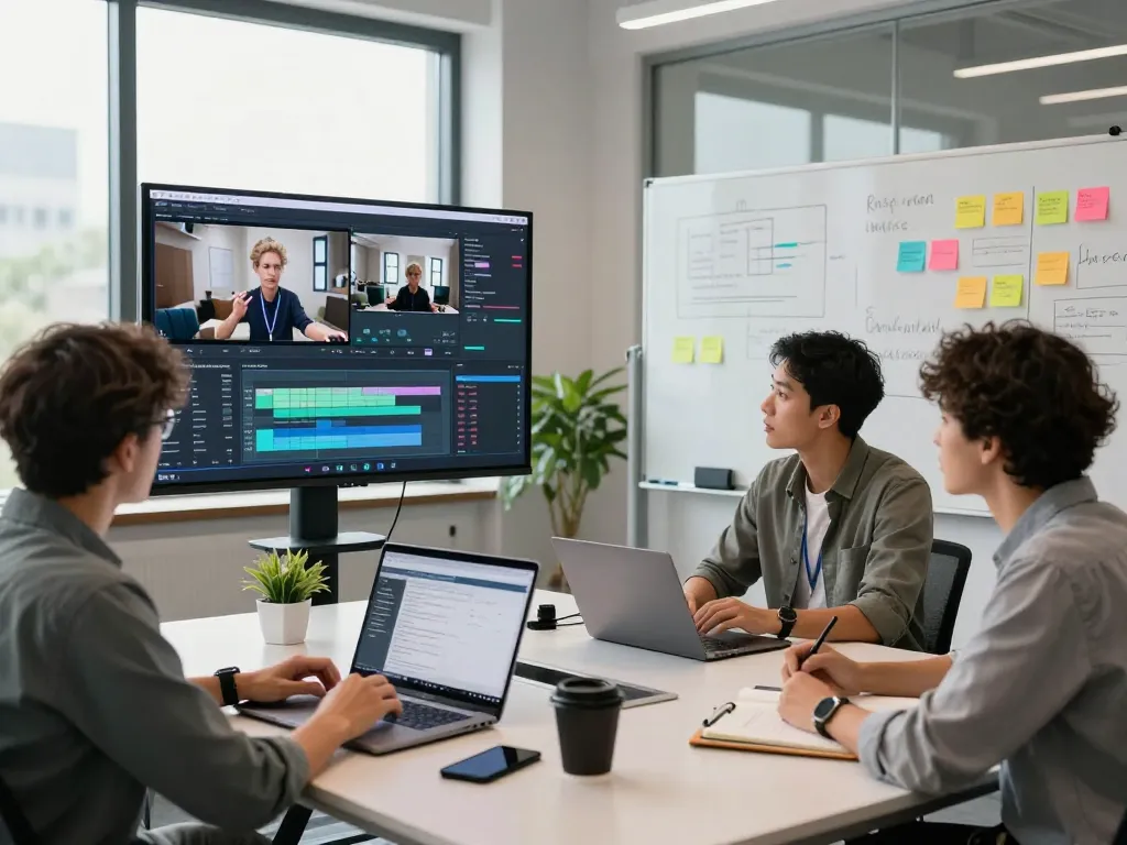 Team collaborating on video to prompt ai project in modern office