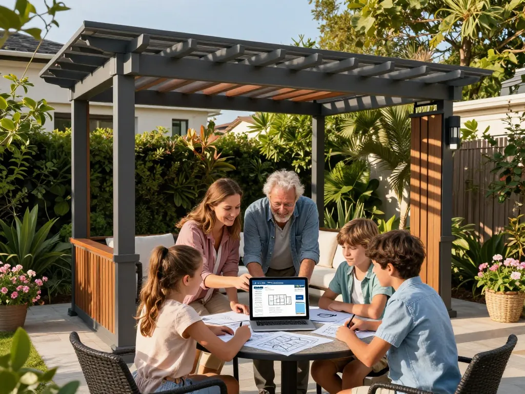 Family enjoying the configuration of a 3D pergola using Pergola Configurator Software in a vibrant garden setting.