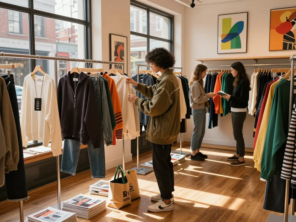 Fashionable shopping scene at revelcollective.myshopify.com, showcasing trendy clothing and vibrant urban life.