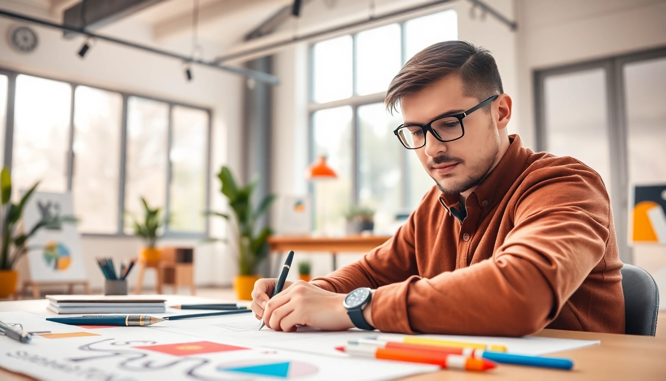 Highlighting https://bestdesignersintheworld.com/ with a designer focused on their creative workspace, showcasing inspiration.