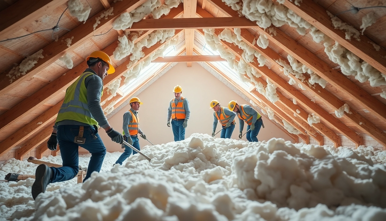 Team of experts from a roof insulation removal company safely removing insulation from an attic space.