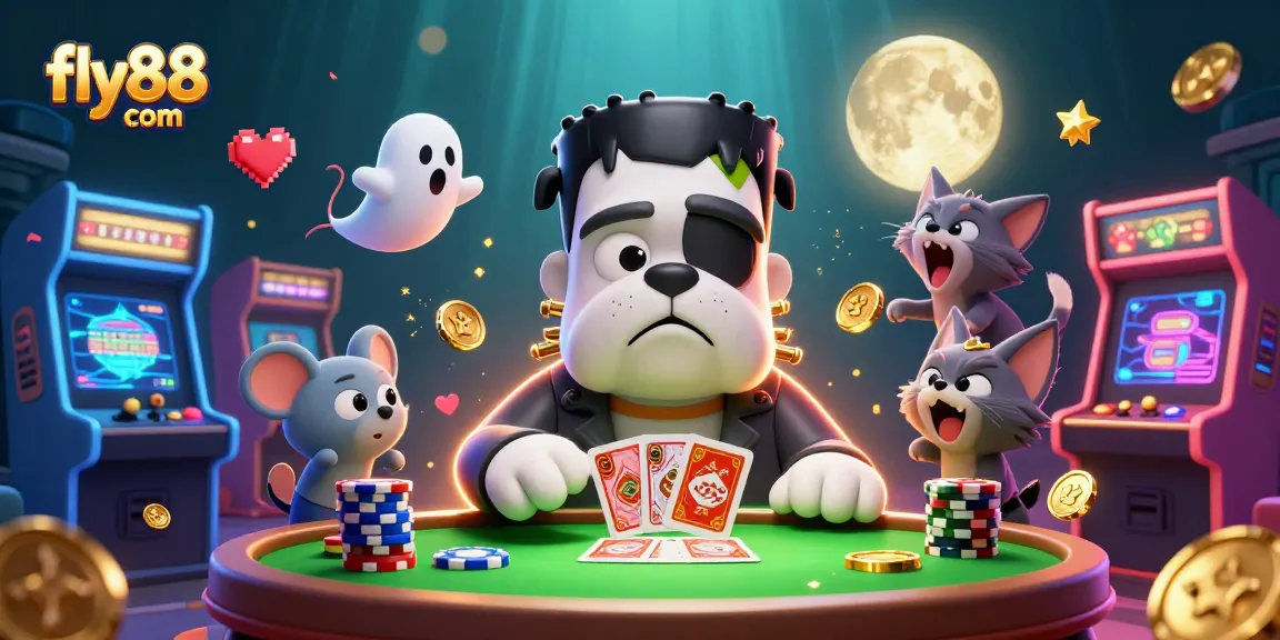 Experience the excitement of fly88 com with a thrilling illustration of a cartoon monster dealer at a haunted casino table.