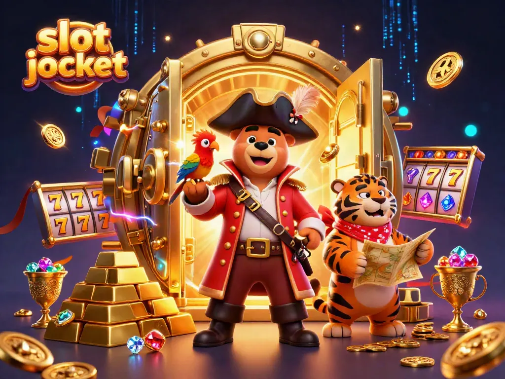 Experience the thrill of slot jackpot with pirate bear, tiger, and treasure in vibrant 3D scene.